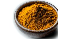 Ground turmeric powder in rustic brown ceramic bowl on white background. Vibrant yellow-orange spice with textured surface shows natural organic seasoning.