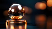 Elegant crystal sphere resting on golden metallic surface with warm ambient lighting and bokeh background for luxury product displays and presentations.