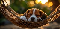 Peaceful beagle puppy sleeping in rope hammock at sunset with golden bokeh background, paws crossed and relaxed expression showing tranquil moment.