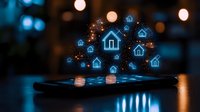 Glowing house icons float above smartphone screen in dark setting with bokeh lights, representing digital real estate and smart home technology concept.