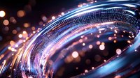 Glowing blue and orange light trails create dynamic curved lines against dark background with bokeh effects, showcasing modern technology and motion concept.