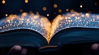 Open book with magical glowing light and sparkling bokeh effect emerging from pages against dark background, creating dreamy atmospheric scene.