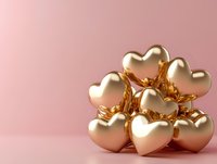 Metallic gold heart shapes clustered together against soft pink background, creating romantic luxury composition for Valentine's Day and love concepts.