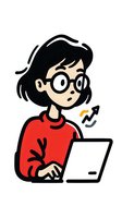 Cartoon woman with glasses in red sweater looking surprised at laptop with rising graph indicator. Isolated on white background for digital marketing and business concepts.