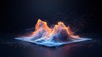 Glowing orange and blue mountain range visualization with particle effects on dark background, digital terrain model showing elevation data and topography.