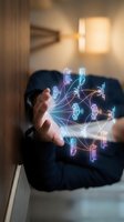 Businessman in dark suit holding hand with glowing neon network icons and connected lines representing digital communication, data transfer, and technology innovation in modern office setting.