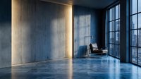 Modern minimalist interior with concrete walls, large windows, and reading chair in empty room with natural lighting for contemporary design projects.