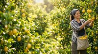 Mature woman with dark hair and olive complexion, wearing plaid shirt and apron, harvesting fresh lemons from orchard trees during daytime. Agricultural work and farming concept.
