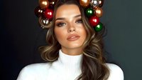 Young woman wearing white turtleneck sweater and festive Christmas ornament crown with gold and colored baubles in hair. Glamorous holiday makeup and wavy brown hair.