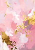 Abstract pink and gold watercolor painting with delicate floral elements and soft brushstrokes creating an elegant feminine composition.