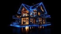 Modern luxury house with glowing blue neon wireframe overlay on black background, illuminated windows creating warm interior glow, architectural visualization concept.