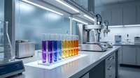 Modern laboratory interior with colorful chemical samples in test tubes on white counter. Scientific research facility with advanced equipment and clean workspace.
