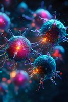 Glowing virus cells in vibrant neon colors against dark background, with turquoise and pink highlights creating dramatic scientific visualization effect.