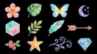 Watercolor botanical and celestial elements including flowers, leaves, butterfly, moon, hexagon, feather, arrow, berries, starfish, swirls, and diamond. Isolated on transparent background, ready for t-shirt design, clipart, stickers, sublimation, and print-on-demand projects.
