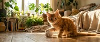 Fluffy ginger kitten playing on wooden floor in cozy bedroom with plants and natural sunlight for pet and home decor content.