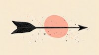 Black tribal arrow with feather details pointing horizontally across pink circle on beige textured background with scattered dots, minimalist boho style design.