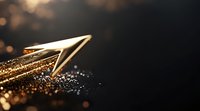 Paper airplane with golden glitter trail flying against dark background, creating magical motion effect with bokeh lights and sparkles. Concept of dreams and aspirations.