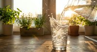 Fresh water pouring into glass on wooden table with green plants in sunny kitchen interior creating healthy lifestyle atmosphere for wellness concepts.