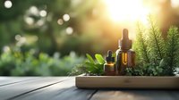 Essential oil amber glass bottles on wooden tray with fresh herbs and pine branches in soft sunlight bokeh background. Natural aromatherapy and wellness concept.