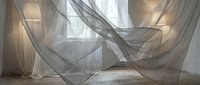 Sheer flowing fabrics draped across wooden floor with natural light streaming through window, creating ethereal atmosphere for design, fashion, and interior styling projects.