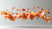 Crispy bacon strips and pieces floating in mid-air against gray background, capturing motion and texture of fried breakfast food.