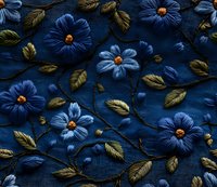 Embroidered navy blue flowers with golden centers on dark fabric, featuring delicate green leaves and intertwining stems in detailed floral needlework pattern.