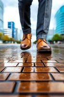 Businessman in brown leather oxford shoes standing on wet brick pavement after rain, with blurred urban cityscape background and reflective surface.