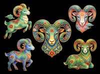 Ornate Aries ram clipart set with folk art floral patterns, isolated on transparent background. Five decorative zodiac rams for stickers, sublimation, t-shirt design, print on demand.