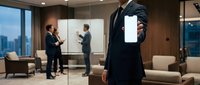 Professional businessman in dark suit holding blank smartphone screen in modern office conference room with city skyline view and colleagues meeting in background.