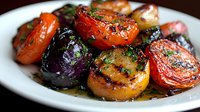 Colorful roasted heirloom tomatoes and purple potatoes in herb dressing served on white plate, close up view of gourmet vegetarian appetizer.