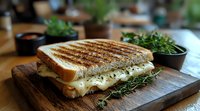 Grilled cheese sandwich with melted mozzarella on rustic wooden board, garnished with fresh herbs and microgreens, served at restaurant setting.