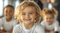 Cheerful young child with curly blonde hair and bright smile in white t-shirt, with diverse group of classmates in blurred background. Natural daylight setting.