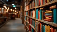 Cozy bookstore interior with wooden shelves filled with colorful books creating warm atmosphere for reading and literary exploration.