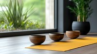 Three wooden bowls arranged on yellow yoga mat near window with plants creating peaceful meditation and mindfulness practice space for wellness and relaxation.