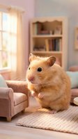 Golden hamster sitting on woven rug in cozy living room with pink walls, wooden bookshelf, and sunlit window. Pet care and home interior design.