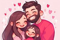 Happy family portrait with bearded father, long-haired mother and little daughter hugging and smiling. Cute cartoon characters on pink background with hearts and sparkles.