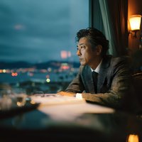 Thoughtful businessman in suit gazing through window at city lights during evening hours, contemplating future business decisions and opportunities.