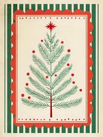 Vintage Christmas tree illustration with red ornaments and star on decorative background with green stripes and scalloped red border.