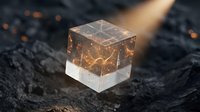 Transparent resin cube with golden lightning patterns and white base sits on dark textured surface with dramatic lighting, suitable for abstract design and modern graphics.