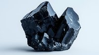 Raw black quartz crystal cluster formation with geometric shapes and natural facets against white background, mineral specimen photography for geology study.