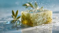 Natural olive oil soap bar with herbs and water droplets on wet surface creating spa wellness atmosphere for skincare and beauty treatments.