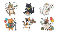 Cute cats celebrating with party elements, balloons, confetti, and festive decorations. Isolated cartoon characters ready for greeting cards, children's designs, and celebration-themed projects.