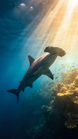 Hammerhead shark swimming underwater near coral reef with dramatic sunlight rays penetrating blue ocean water creating stunning marine wildlife scene.