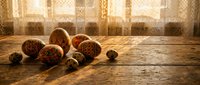 Traditional decorated Easter eggs scattered on rustic wooden table with warm sunlight streaming through lace curtains creating cozy holiday atmosphere.