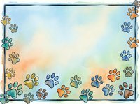 Watercolor paw print border frame with colorful animal tracks on soft pastel background. Isolated design element suitable for pet-related projects, greeting cards, and animal-themed layouts.