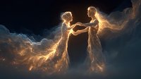 Ethereal golden figures formed from light and energy hold hands against dark background, creating mystical connection between spiritual beings.