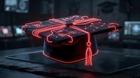 Futuristic graduation cap with glowing red neon circuit board design on dark background, symbolizing technology education and digital learning.