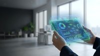 Businessman hands holding futuristic transparent tablet displaying holographic data analytics dashboard with charts and graphs in modern office environment.