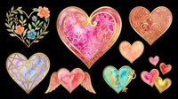 Decorative heart shapes with ornamental patterns, floral designs, and metallic accents isolated on transparent background. Ready for t-shirt designs, stickers, clipart, sublimation, print-on-demand products, and digital crafts.