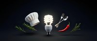 Chef hat with fork and spoon surrounded by fresh herbs and red chili pepper on dark background for culinary design and restaurant branding projects.